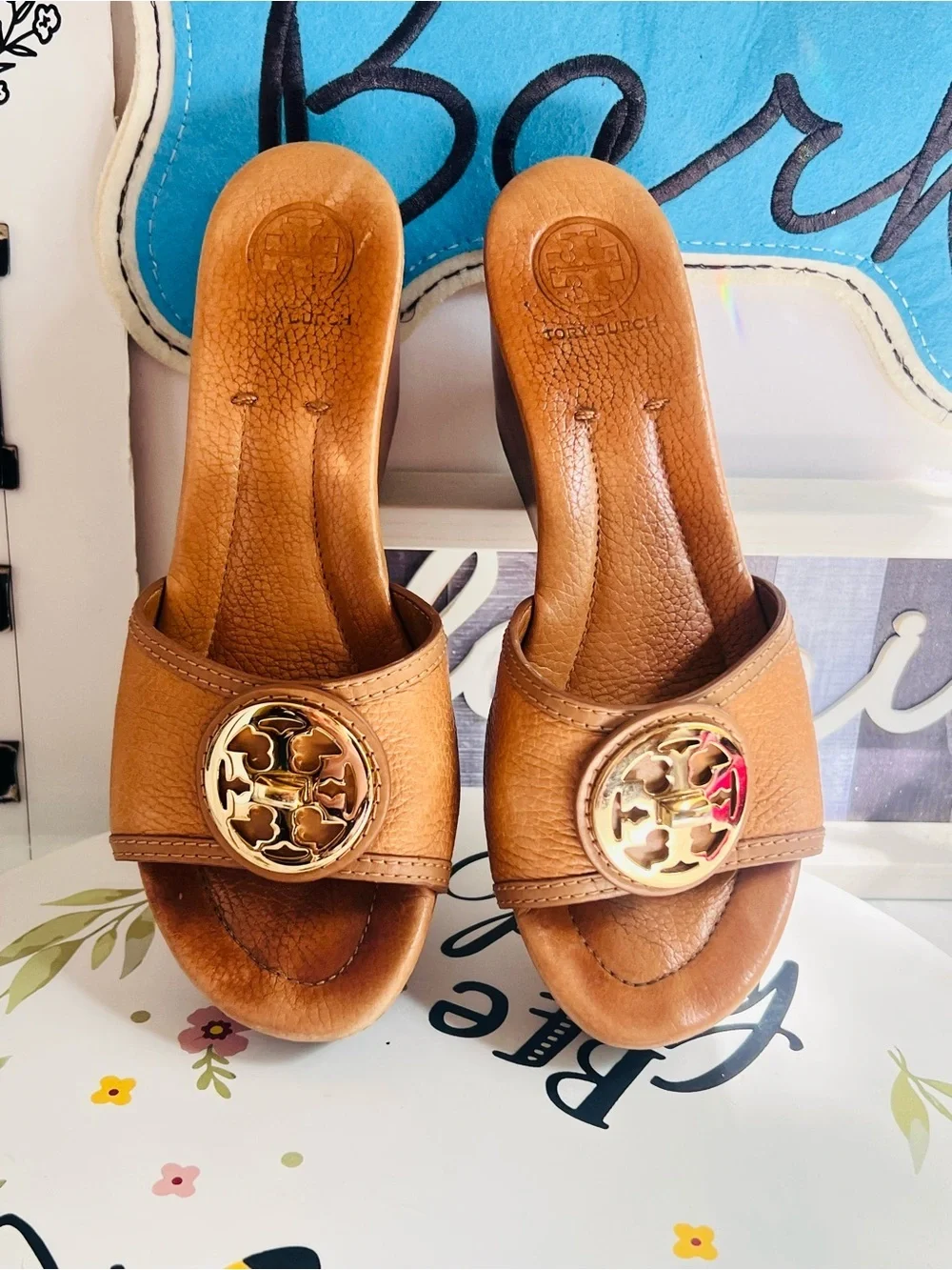 Tory Burch Cognac Leather Slide Mules with Gold Logo size 8M